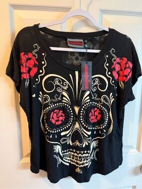 Jawbreaker Skull & Roses Sheer Black Graphic Tee Goth Punk Size L NWT